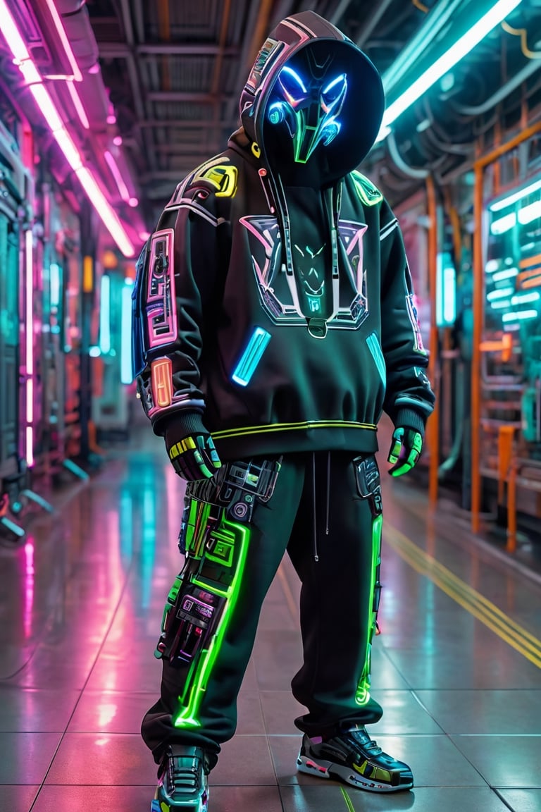 Full-length, standing in the corridor, 1guy dressed in a sweatshirt, a cyber mask connected to a hood, wide trousers with pockets, neon elements on the clothes glow, dark, masterpiece. (Cyberpunk style). TechStreetwear,Glass Elements,ROBOT