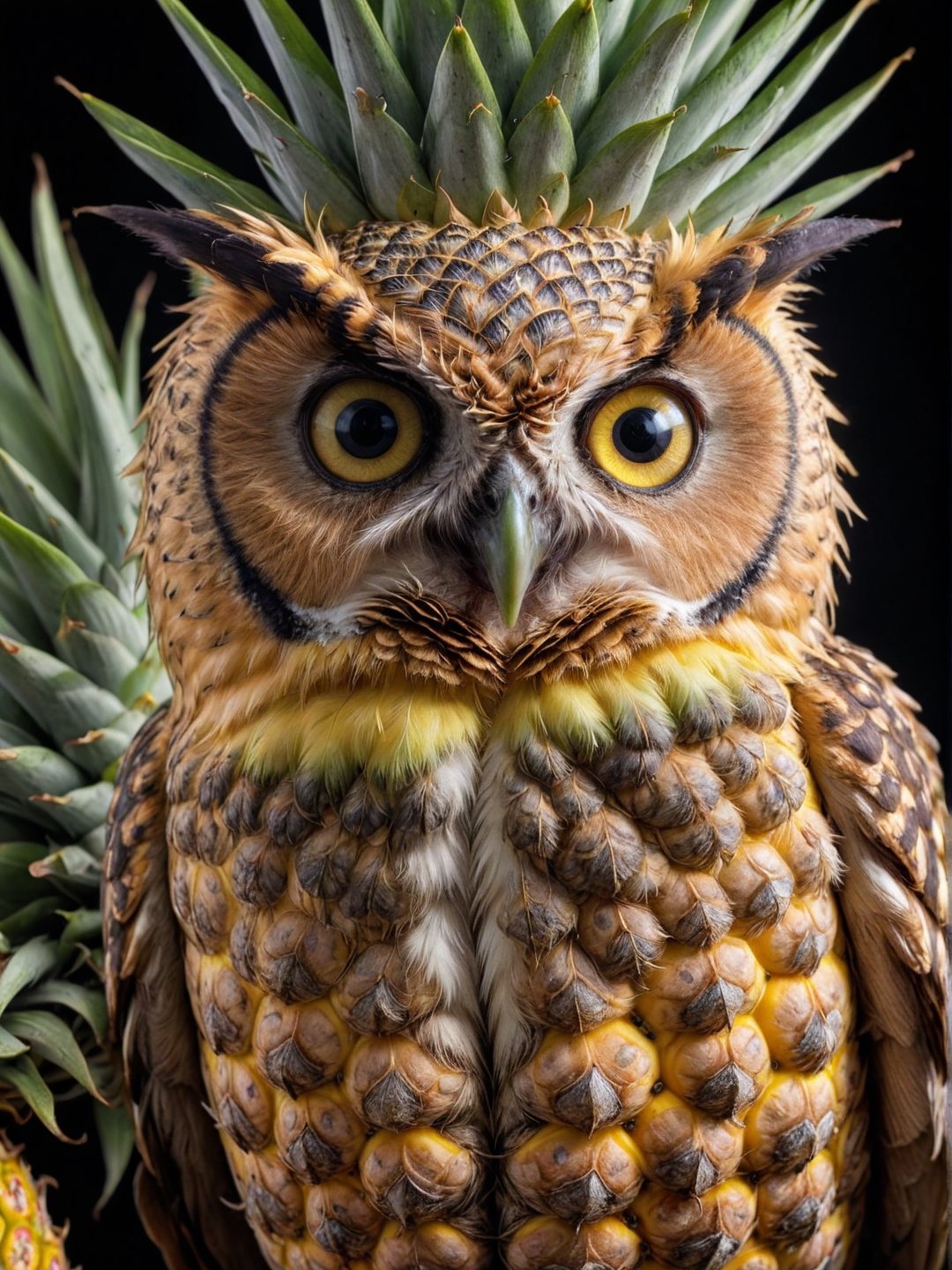 (pineapple) owl hybrid, sharp focus, award-winning photograph