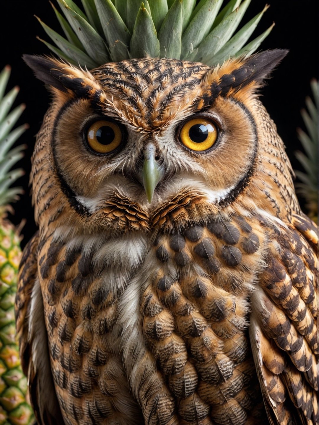 (pineapple:0.9) owl hybrid, sharp focus, award-winning photograph