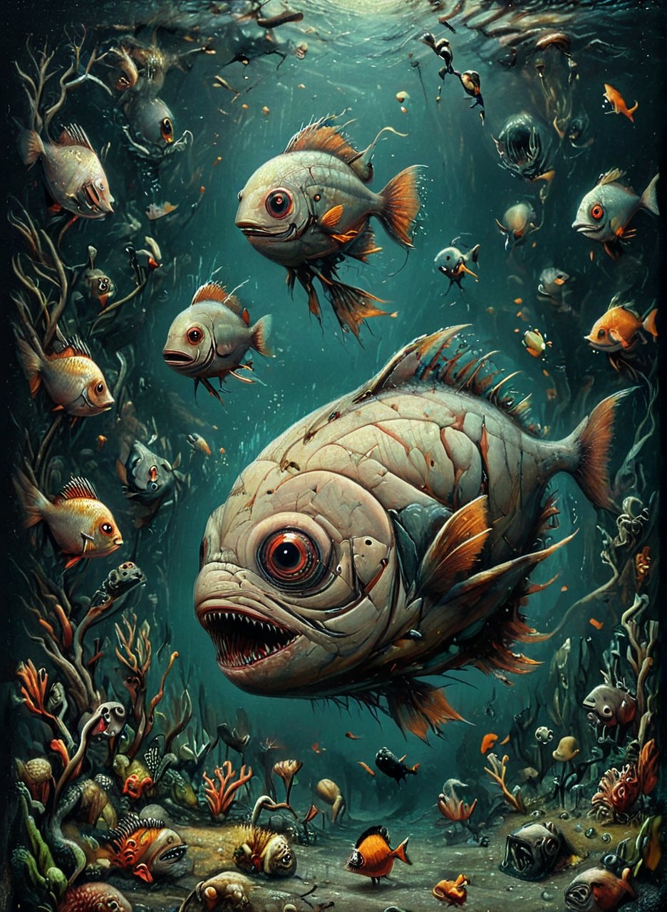 cute drawing of a Piranha Fishes, under dark water, guided by a large humanoid fish, swim chaotically in search of food, slender body, thin body,