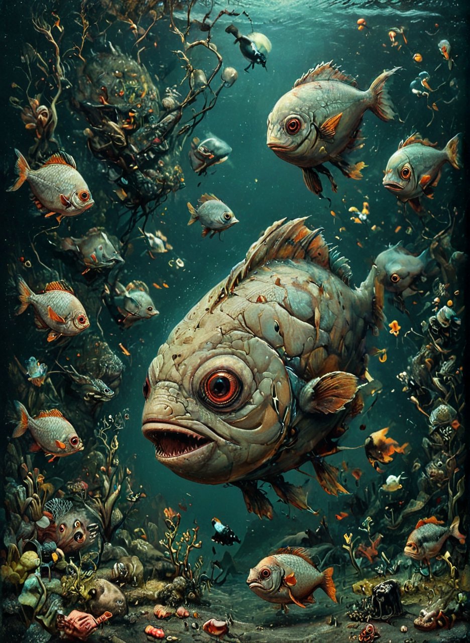 cute drawing of a Piranha Fishes, under dark water, guided by a large humanoid fish, swim chaotically in search of food, slender body, thin body,