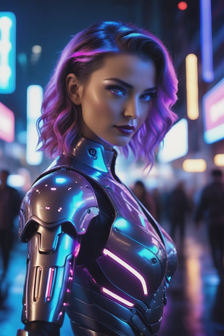 Hyperrealistic art cinematic photo Neon noir beautiful woman semi robot taking selfie, looking at viewer, She is dressed in ultraviolet latex glows softly, transparent armor elements,. Cyberpunk, dark, rainy streets, neon signs, high contrast, low light, vibrant, highly detailed . 35mm photograph, film, bokeh, professional, 4k, highly detailed . Extremely high-resolution details, photographic, realism pushed to extreme, fine texture, incredibly lifelike, weapon,