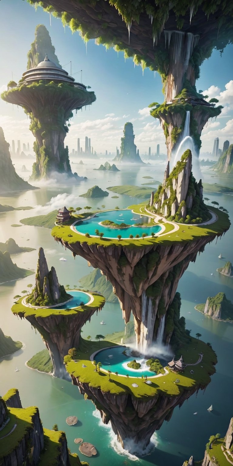 a levitating world in the sky, islands suspended in the sky, freely drifting in the air, like giant puzzle pieces connected by floating levitating bridges. There are cyber buildings on each island, some have gardens and others have waterfalls, one of the islands has a glass dome, floatingisland, landscapes,floatingisland