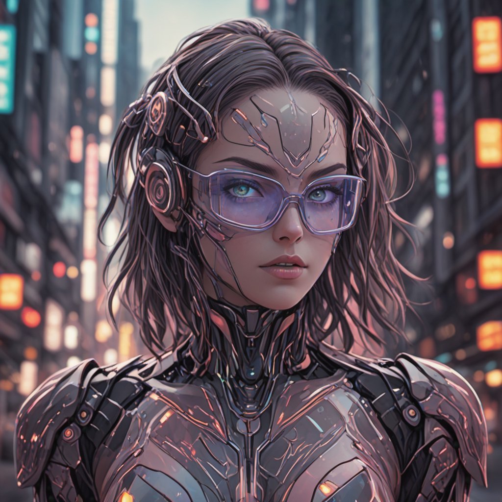 robot girl, cyborg operator. glasses-mask, with digital patterns, colored, entirely made of glass with 30 percent transparency. Cyberpunk city background with bokeh effect,aw0k euphoric style,Mecha body,3d cartoon,girl,shodanSS_soul3142,sdxl,neon,<lora:659095807385103906:1.0>