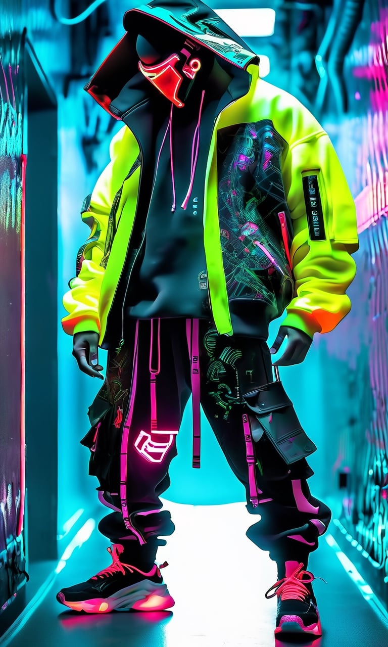 Full-length, standing in the corridor, 1guy dressed in a sweatshirt, cyber mask connected to a hood, wide trousers with pockets, neon elements on the clothes glow, The dark atmosphere emphasizes the glow of the clothes, masterpiece. (Cyberpunk style). TechStreetwear,Digital_Madness,TechStreetwear,Glass Elements,neon photography style,ByteBlade