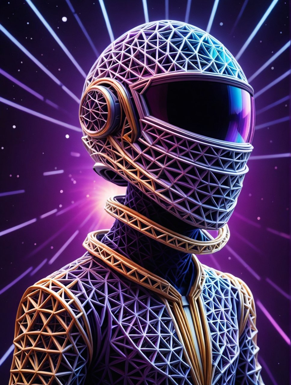 Portrait, Digital photo, spacer, space fly, open space, the deep space, star field, astro suit, (daft punk iridescent helmet:1.2), starship, colorful with vibrant colors, high contrast, high saturation, hyperpunk scene with purple and yellow out of focus details,ral-pnrse