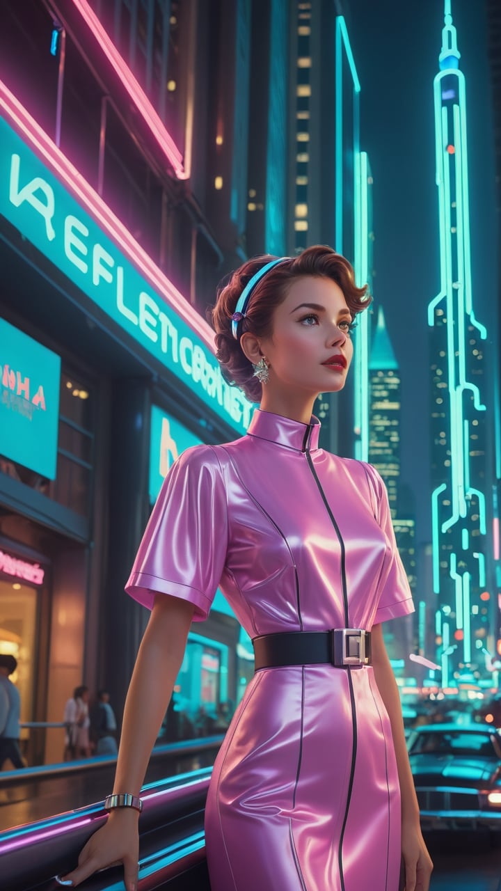 (analog photo) the cityscape is bathed in a soft neon glow, with towering skyscrapers reaching up to touch the stars. Amidst the advanced technology and bustling crowds, a girl-next-door type female stands with an air of curiosity and wonder in her eyes. Her classic charm and approachable demeanor contrast with the sleek and futuristic surroundings. Dressed in a blend of retro and modern fashion, she exudes a timeless allure that captures the essence of both the past and the future. As hover cars whiz by overhead and holographic billboards light up the night, she remains grounded, a symbol of human connection and warmth in a world of dazzling innovations. In this futuristic cityscape, she becomes a beacon of familiarity, reminding us of our shared humanity amidst the wonders of tomorrow.