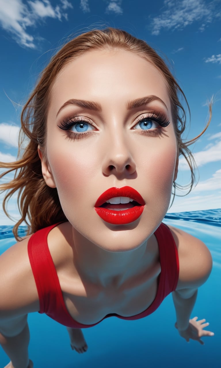 (full body:1.0), Dynamic Angle, Perspective, High Point, pov (from above:1.2), jumping, blue eyes, A mature facesideways glance, (cold attitude, eyeshadow, eyeliner:1.1),(red lips:1.2),watery eyes,
A shot with tension(sky glowsVisual impact,giving the poster a dynamic and visually striking appearance:1.2),
