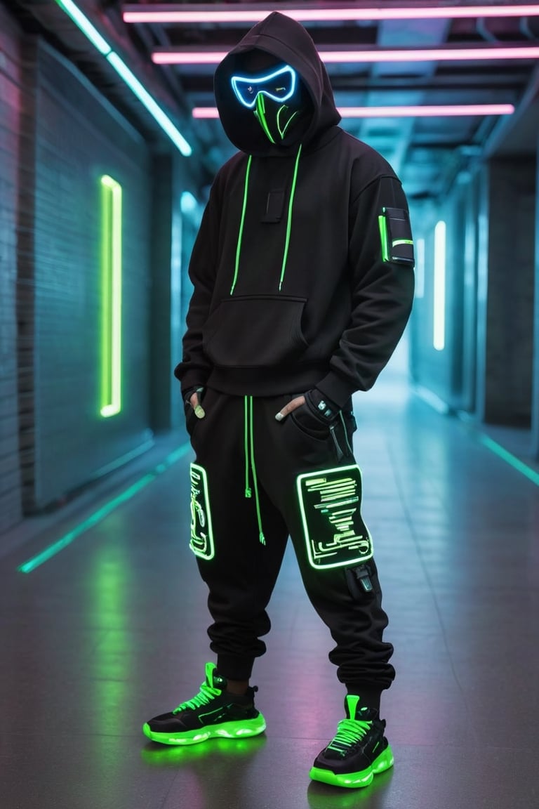 Full-length, standing in the corridor, 1guy dressed in a sweatshirt, a cyber mask connected to a hood, wide trousers with pockets, neon elements on the clothes glow, dark, masterpiece. (Cyberpunk style). TechStreetwear,Glass Elements