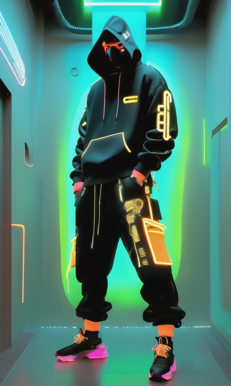 Full-length, standing in the corridor, 1guy dressed in a sweatshirt, a cyber mask connected to a hood, wide trousers with pockets, neon elements on the clothes glow, dark, masterpiece. (Cyberpunk style). TechStreetwear,Digital_Madness