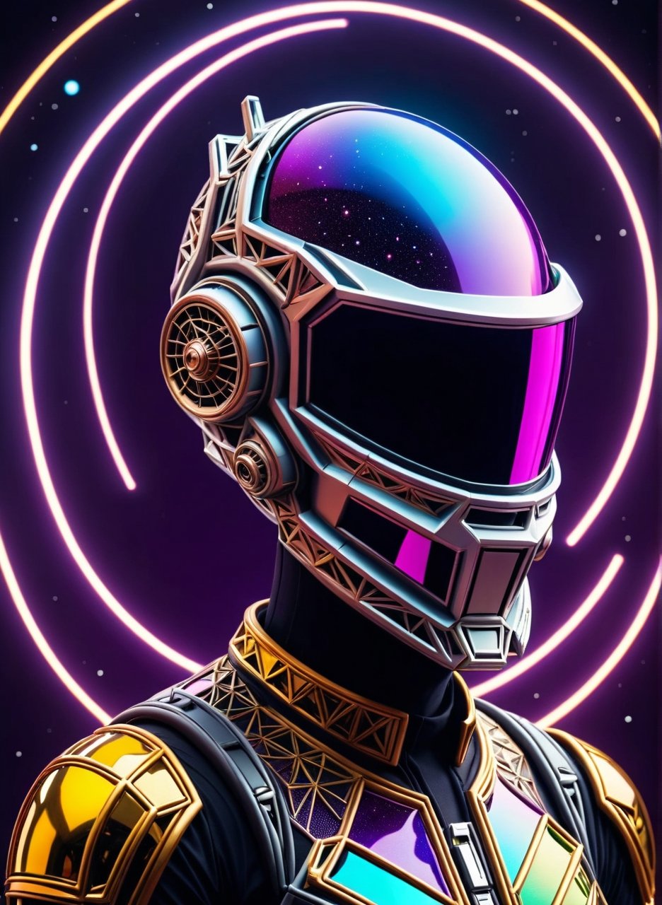 Portrait, Digital photo, spacer, space fly, open space, the deep space, star field, astro suit, (daft punk iridescent helmet:1.2), starship, colorful with vibrant colors, high contrast, high saturation, hyperpunk scene with purple and yellow out of focus details,ral-pnrse