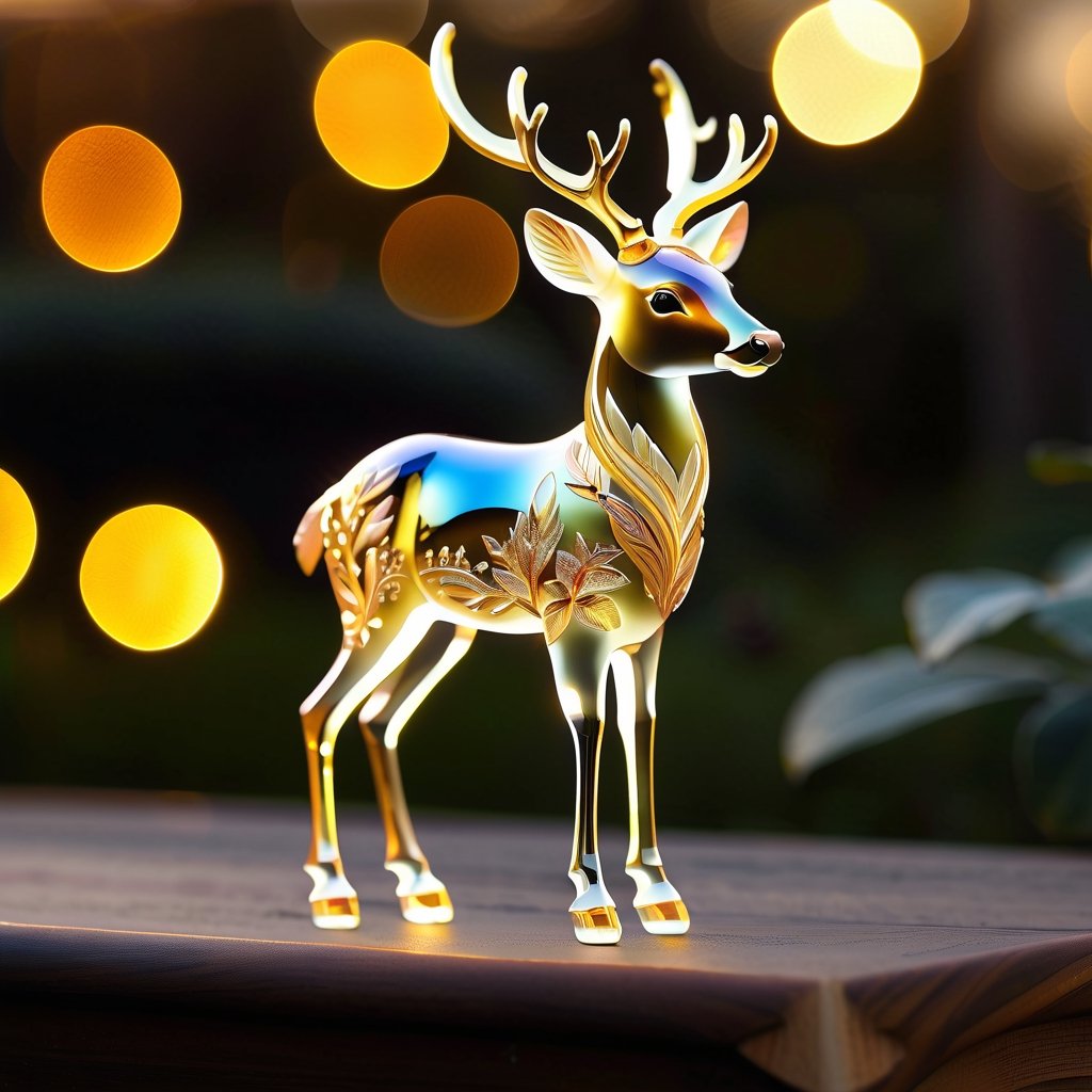 extremely delicate iridiscent deer made of glass, translucent, tiny golden accents, beautifully and intricately detailed, ethereal glow, whimsical, art by Mschiffer, best quality, glass art, magical holographic glow