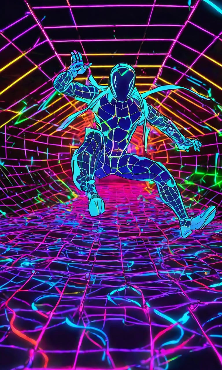 Psychedelic net dive, a cyber-surfer navigating through a web of neon-lit data streams, dodging digital obstacles with fluid grace. , Artificial intelligence, Blade punkByteBlade