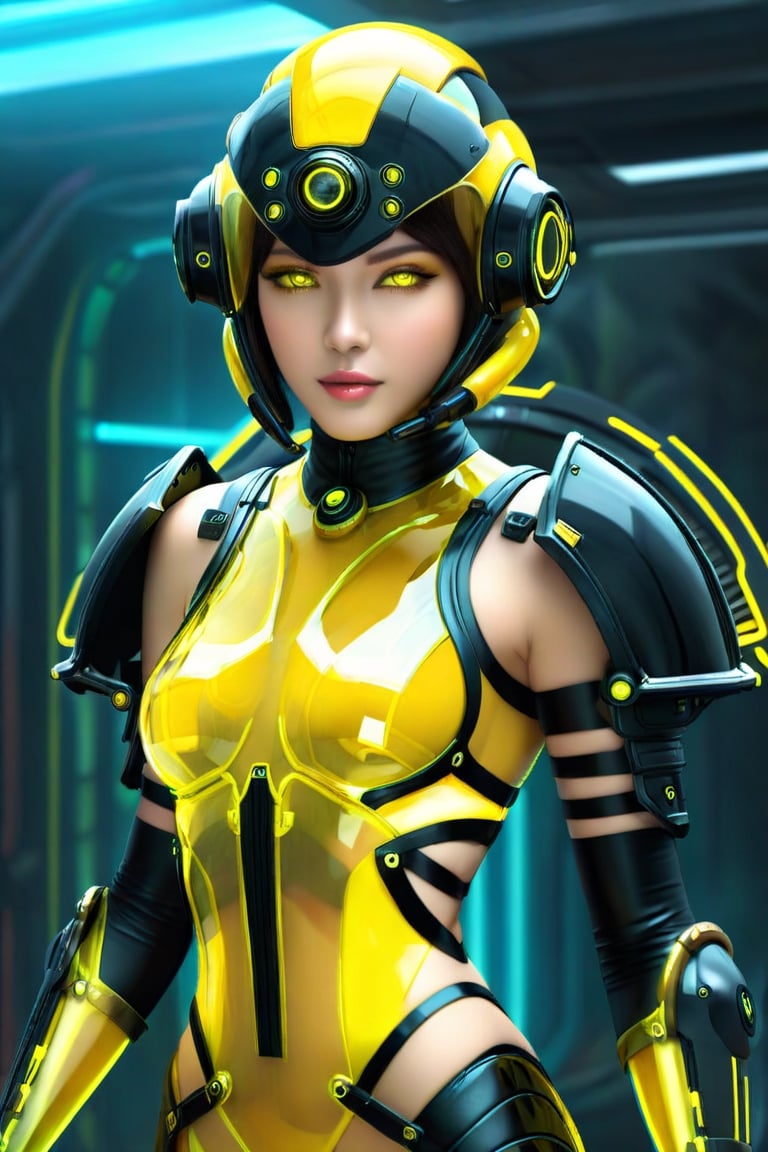 a 1woman dressed is a yellow Transparent Glow and black dress, with a sci-fi onen light helmet, in the style of cyberpunk realism, zbrush, argus c3, made of insects, industrial machinery aesthetics, [Glow eyes], high definition, more detail XL, power light mackeup