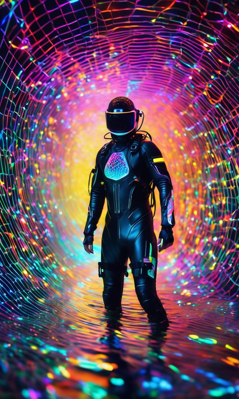 Psychedelic net dive, a cyber-surfer navigating through a web of neon-lit data streams, dodging digital obstacles with fluid grace. , Artificial intelligence, Blade punkByteBlade