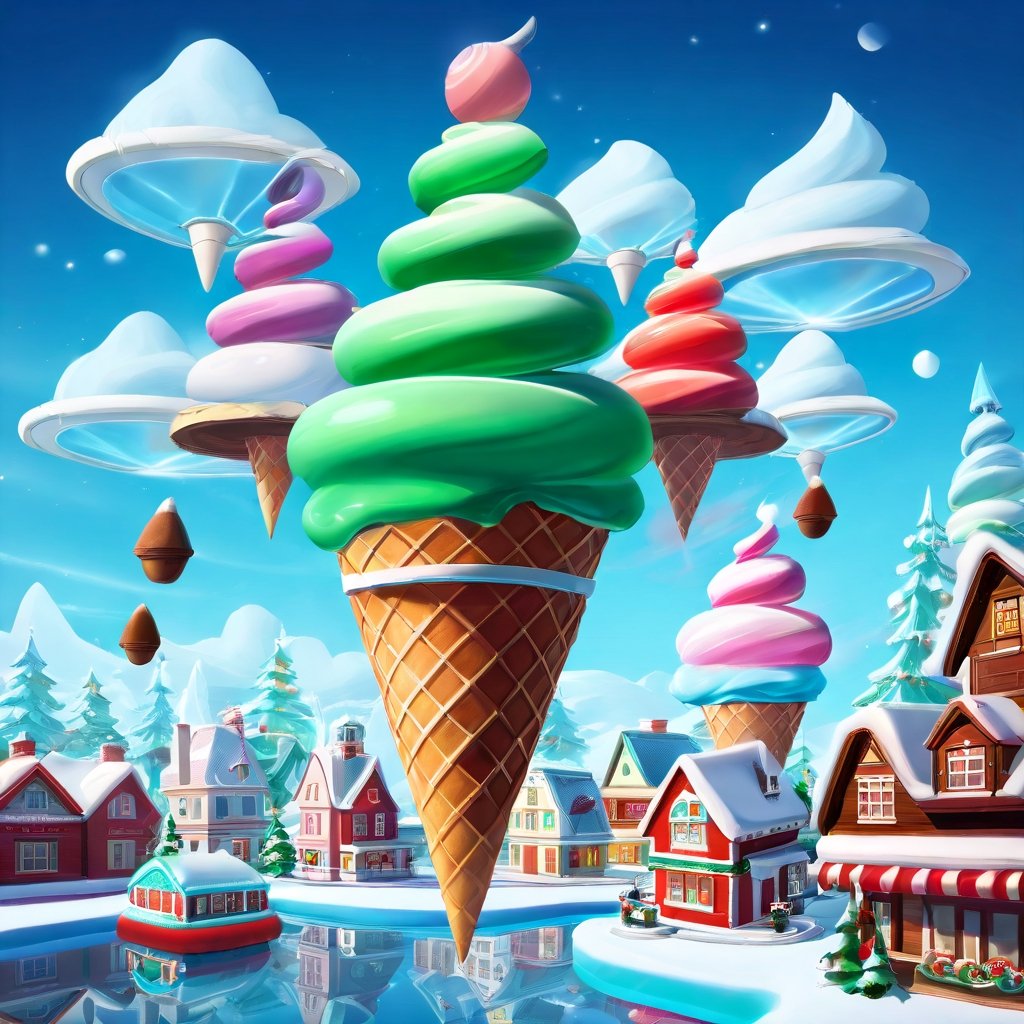 SnowStyle city, ((Christmas mood)), Christmas trees,  ((((floating))) (huge three scoops ice cream (((city levitating))) melting) (in the sky)), white-red-green glowing, (ice cream city on sky) palace above the clouds, magical reality, in a waffle cone, santa claus house, christmas forest