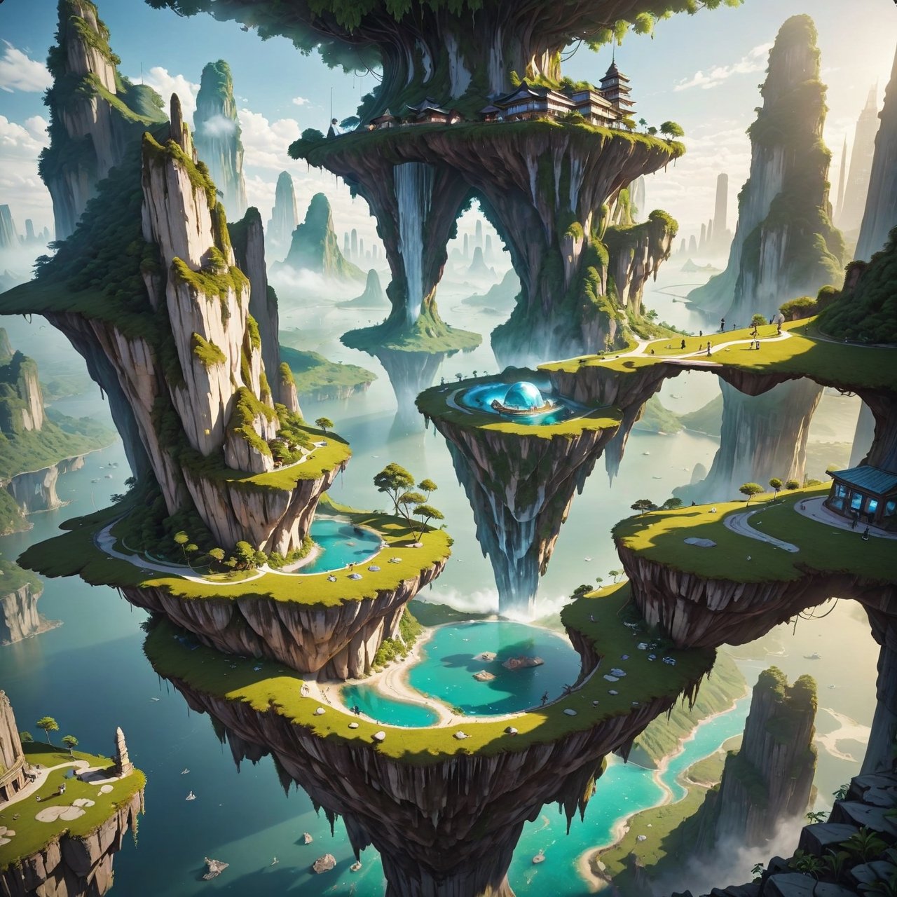 a levitating world in the sky, islands suspended in the sky, freely drifting in the air, like giant puzzle pieces connected by floating levitating bridges. There are cyber buildings on each island, some have gardens and others have waterfalls, one of the islands has a glass dome.,Comic Book-Style 2d,2d,floatingisland,landscapes