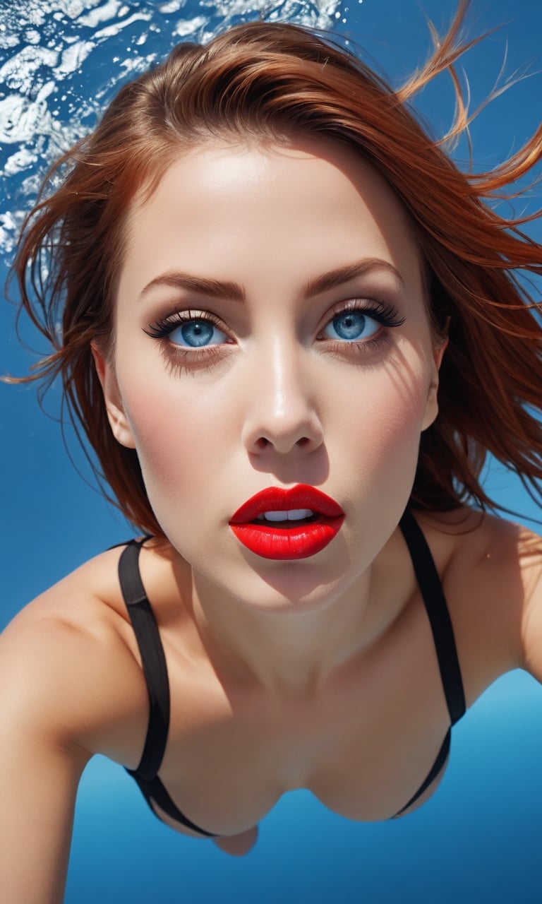 (realism,masterpiece,top quality,best quality,official art,beautiful and aesthetic:1.2), (full body:1.0), Dynamic Angle, Perspective, High Point,pov(from above:1.2), (Fisheye lens:1.2)jumping
blue eyesA mature facesideways glance, (cold attitude,eyeshadow,eyeliner:1.1),(red lips:1.2),watery eyes,
A shot with tension(sky glowsVisual impact,giving the poster a dynamic and visually striking appearance:1.2),Chinese Zen style,impactful picture,
