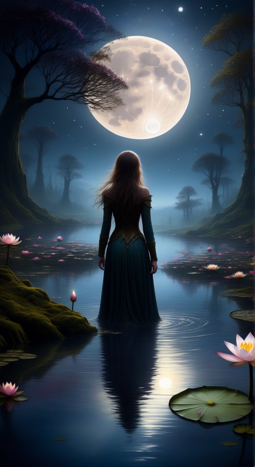 woman silhouette in magical pond with flowers and water lilies in elvish forest!! Moon and stars !! dark, Epic cinematic brilliant stunning intricate meticulously detailed dramatic atmospheric maximalist digital matte painting, Adriaen van Ostade, Gerald Brom, Zdzislaw Beksinski hyperdetailed oil painting, Artme, 