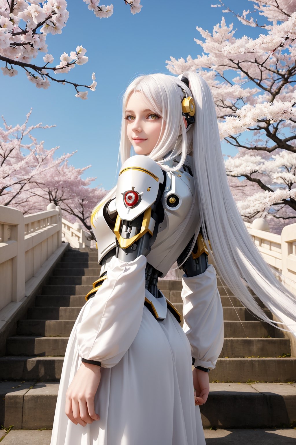 masterpiece, best quality, 1girl, yellow eyes, Beautiful face, delicate eyes, smile, long hair, white hair, tree, stairs, standing, sky, cherry blossoms, temple, looking at viewer, upper body, from below, looking back, ((Mecha)), young girl, Cyberpunk, CyberMechaGirl