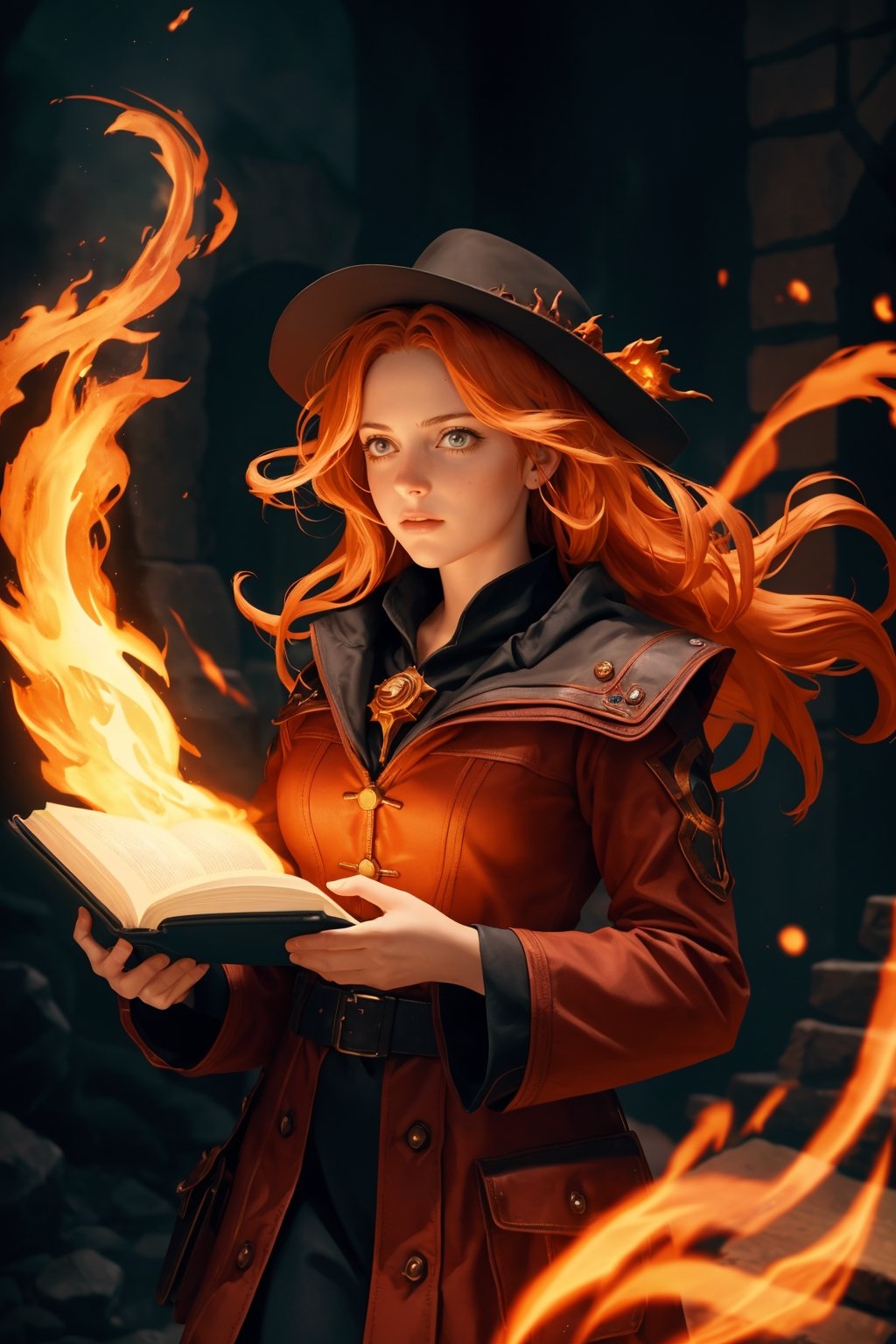 1 girl,{{Floating Fire Magic Spell and a burst of flam}},book,looking at viewer,close-up, cowboy shot,cinematic lighting, volume lighting, light particlestachie,dynamic angle ,ray tracing,, best quality, amazing quality, very aesthetic, absurdres