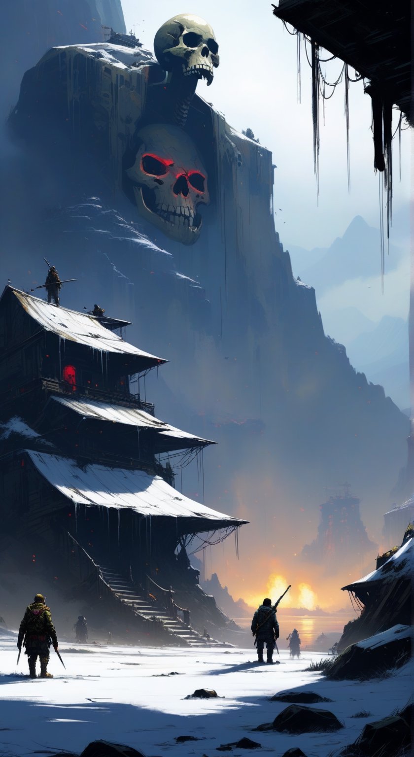 ASCIIconcept art, (art by Ismail Inceoglu:1.4), skull island in the snow