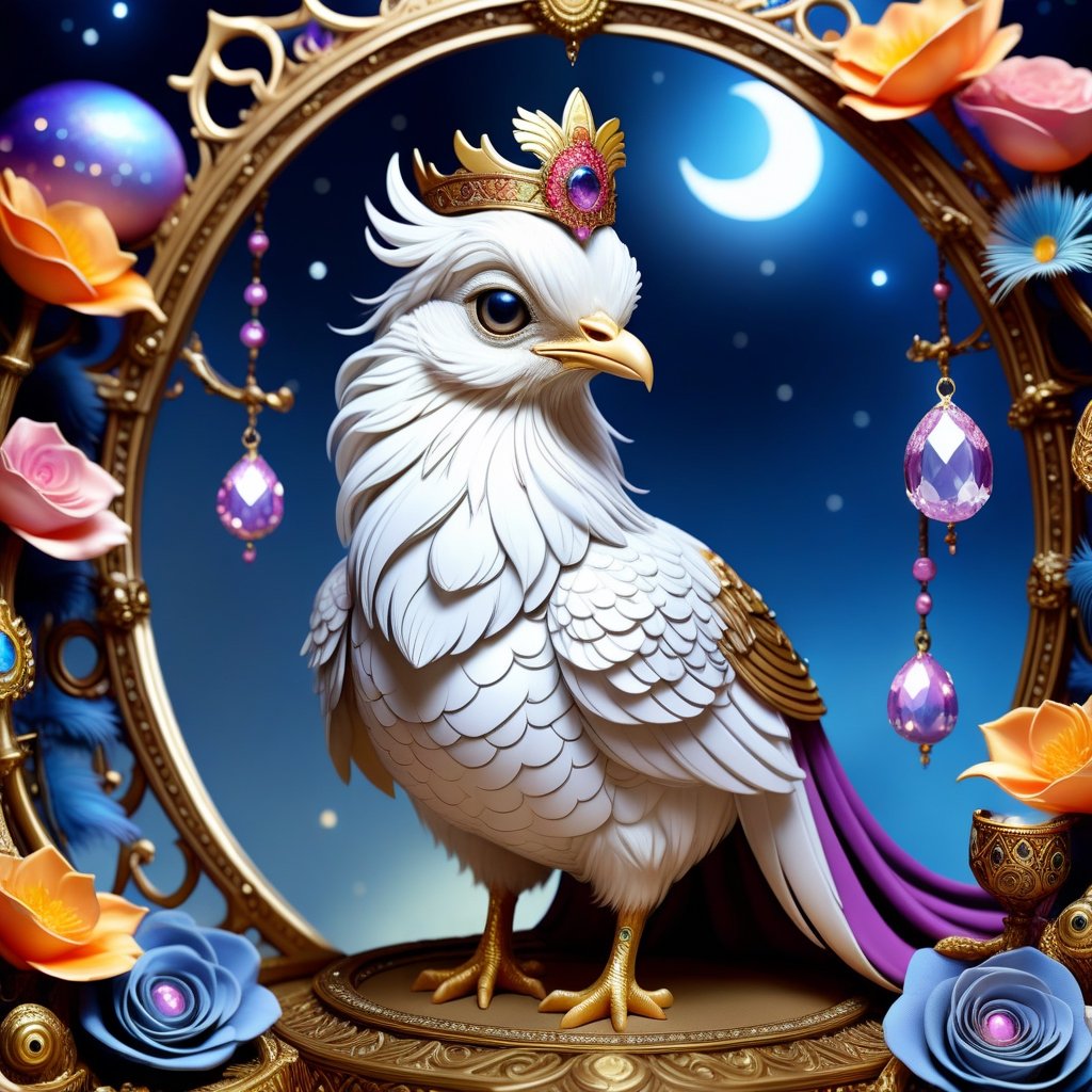 A small and cute royal hen spawns an adorable non-human celestial animal in the celestial and fantasy style. the animal is supposed to be the most beautiful animal ever created. Consider details such as soft, feathers, silk, satin, shimmer and shimmer. Include subtle details of ghostly iridescence. emphasize small fancy details and ornate jewelry. Camera: Use interesting and dynamic composition. increase visual interest. lighting: use ambient lighting that enhances the atmosphere of the fantasy. include bright colors and deep shadows. hires, detailed eyes, hires detailed eyes, hires small details, elaborate details, ornate, 8k, shimmer, unity, official cgi unreal engine, high resolution, (((masterpiece))), high quality, high resolution, detail enhancement, (bright and light-eyed),