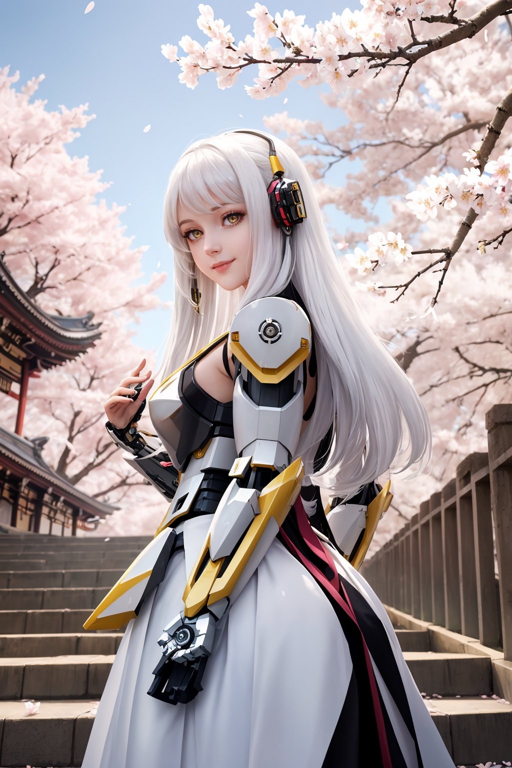 masterpiece, best quality, 1girl, yellow eyes, Beautiful face, delicate eyes, smile, long hair, white hair, tree, stairs, standing, sky, cherry blossoms, temple, looking at viewer, upper body, from below, looking back, ((Mecha)), young girl, Cyberpunk, CyberMechaGirl