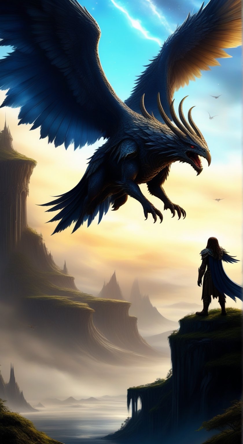  movie poster style, famous artwork inspired by (elden ring:1.4) and (stray:1.1), dappled light, dark corners, detailed expressive eyes, fantasy style, the regal looking many-clawed aaaaaaarghfly, a creature of the tingspurdled skies, shown here with its majestic ramshmorgeling wings outstretched as it soars above a sylvified realm of tragulified islands and vibrant cascading doover of planet nomturf tertius, ultra detailed, 8k, uhd  