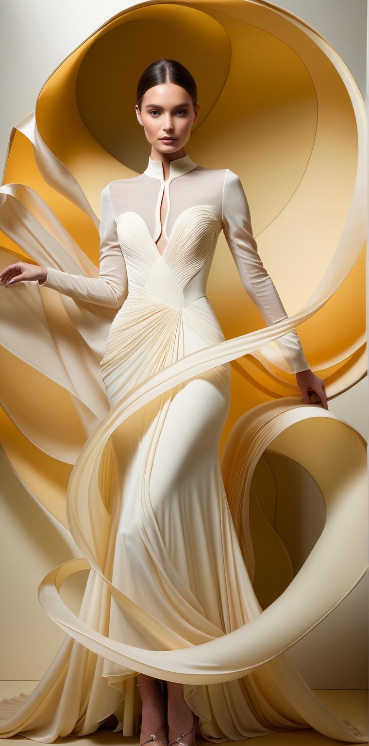 The image is a full-length portrait of a woman in a flowing cream dress. The dress features a high neck and long sleeves, with a large cutout on the back, and the fabric cascades down into a dramatic, floor-length train. The garment is crafted with waves and layers of fabric, creating a sense of movement and depth. 