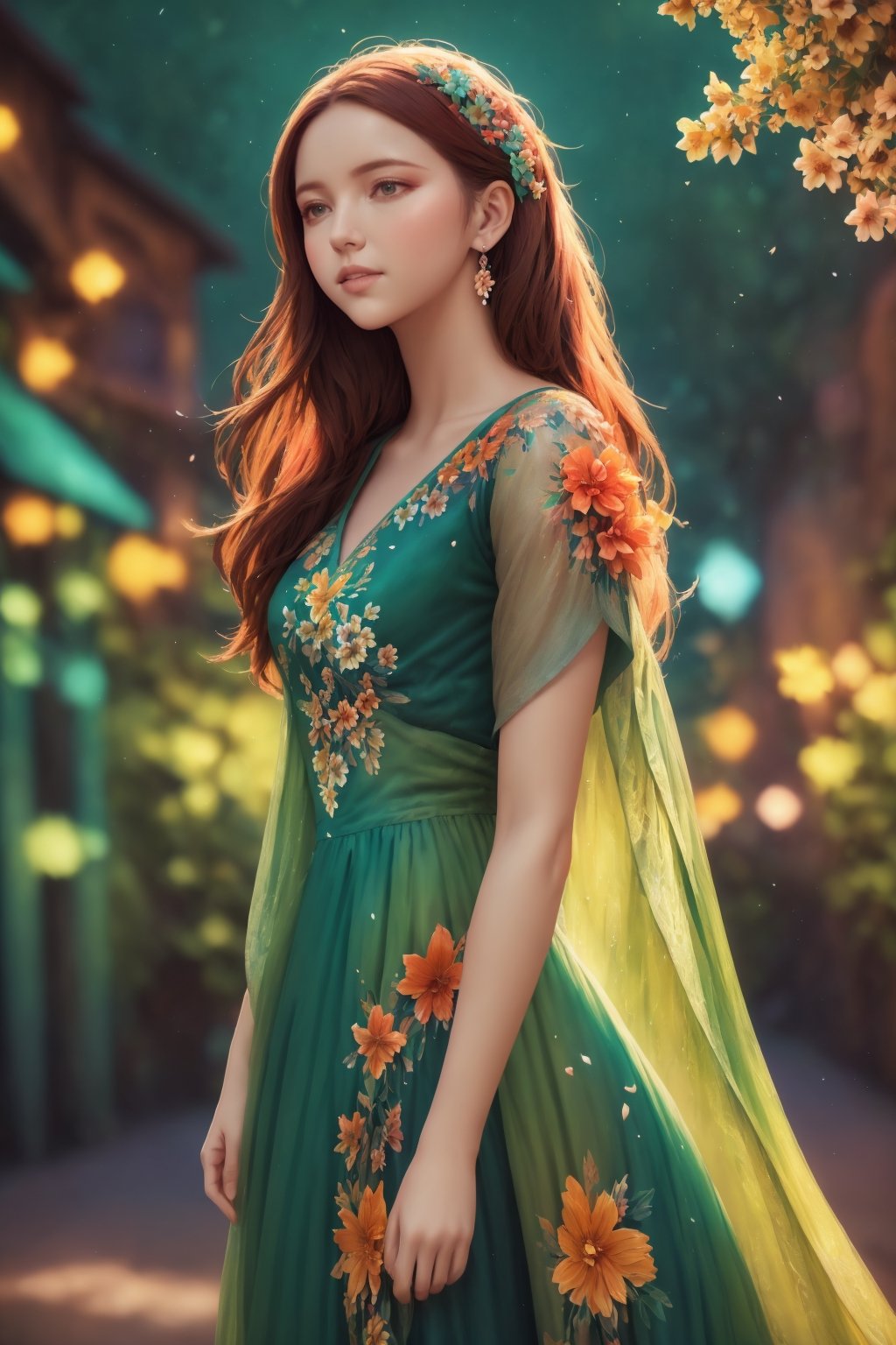 woman, flower dress, colorful, darl background,flower armor,green theme,exposure blend, medium shot, bokeh, (hdr:1.4), high contrast, (cinematic, teal and orange:0.85), (muted colors, dim colors, soothing tones:1.3), low saturation