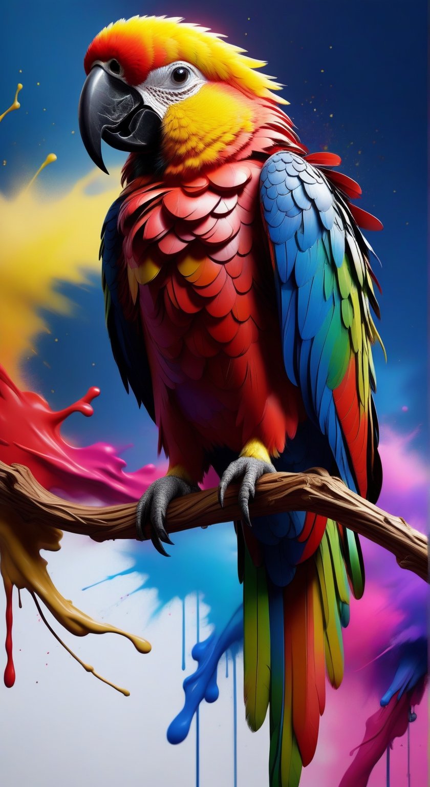 Splashes of multicolored paint blending together forming the perfect silhouette of a colorful parrot, Ara Macao, perched on a twig, while neon particles of mysterious light shine on a smooth gradient smoky background, abstract, glitch, wlop, trending on artstation, sharp focus, studio photo, intricate details, highly detailed, by greg rutkowski and Francis bacon, vibrant color, high octane render, (photorealistic:1.3), highest quality, detailed and intricate, original shot