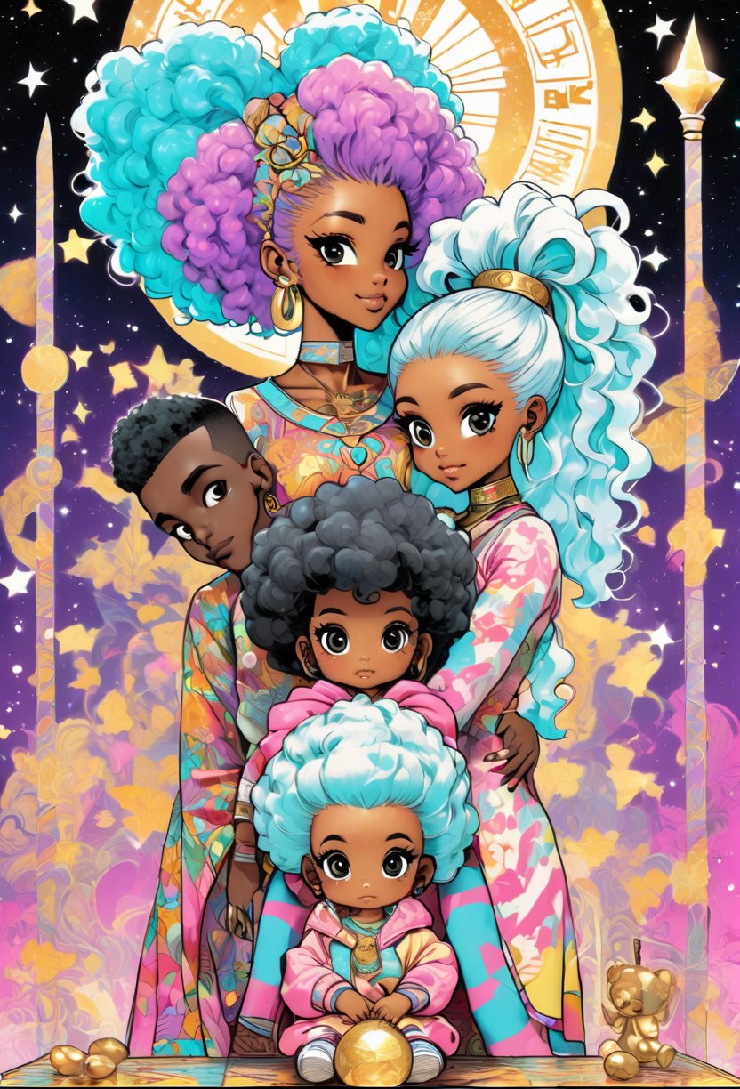 Blasian, Black family , Harajuku fashion girl anime illustration, light colors, highly detailed, Pixiv, 90s anime style, transparent iridescent RGB hair , African-american family in the style of tarot ca