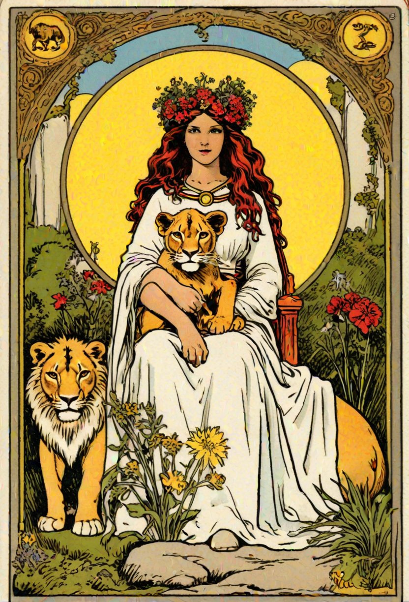 rider-waite tarot card the strength virgin holding lion chariot tarot card.

The woman wears a white robe, showing her purity of spirit, and a belt and crown of flowers that represent the fullest, most beautiful expression of nature. Over her head is the symbol of infinity, representing her infinite potential and wisdom.