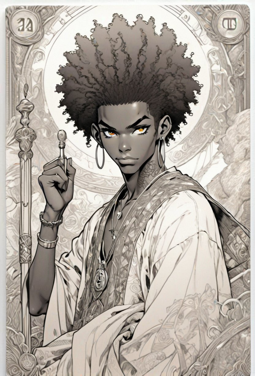 pencil sketch Blasian, Black man , Harajuku fashion girl anime illustration, light colors, highly detailed, Pixiv, 90s anime style, transparent iridescent RGB hair , African-american man in the style of tarot card line art