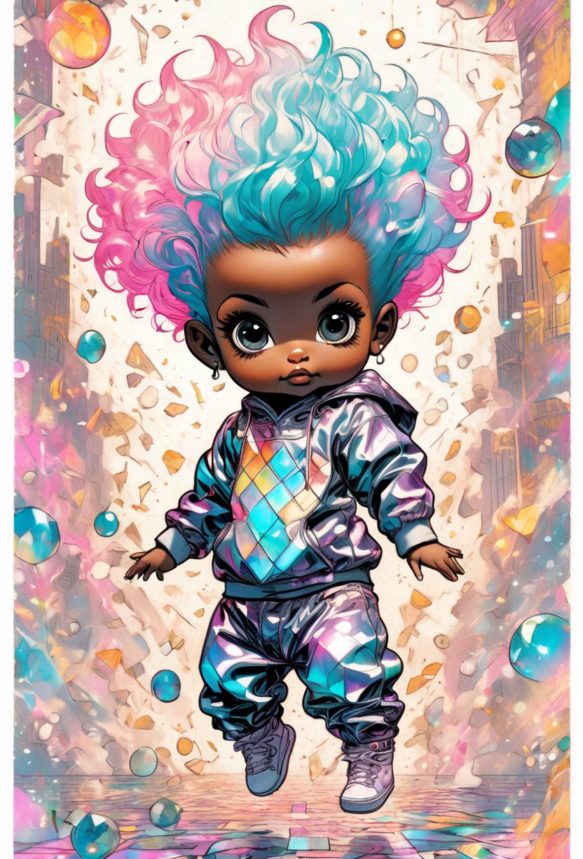 pencil sketch Blasian, Black baby , Harajuku fashion girl anime illustration, light colors, highly detailed, Pixiv, 90s anime style, transparent iridescent RGB hair , African-american baby in the style of tarot card line art,shards