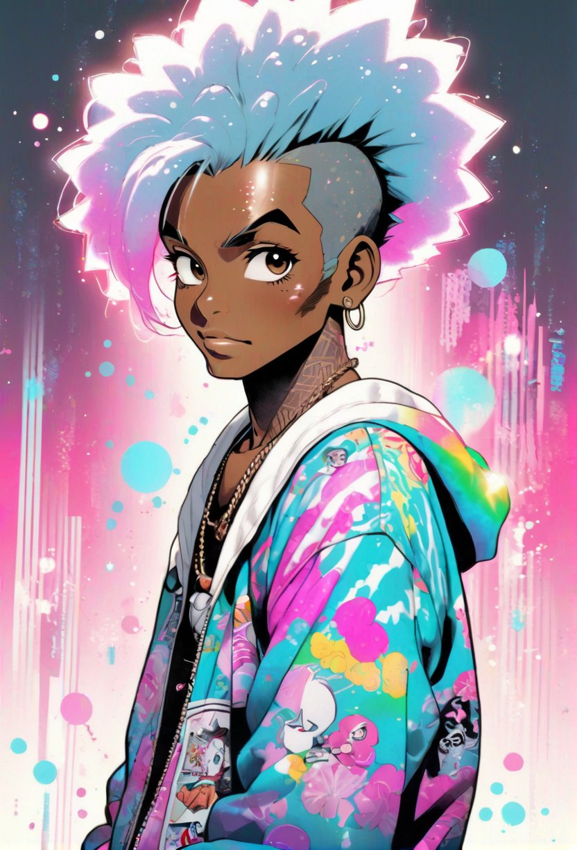 Blasian, older Black man , Harajuku fashion girl anime illustration, light colors, highly detailed, Pixiv, 90s anime style, transparent iridescent RGB hair , older African-american man