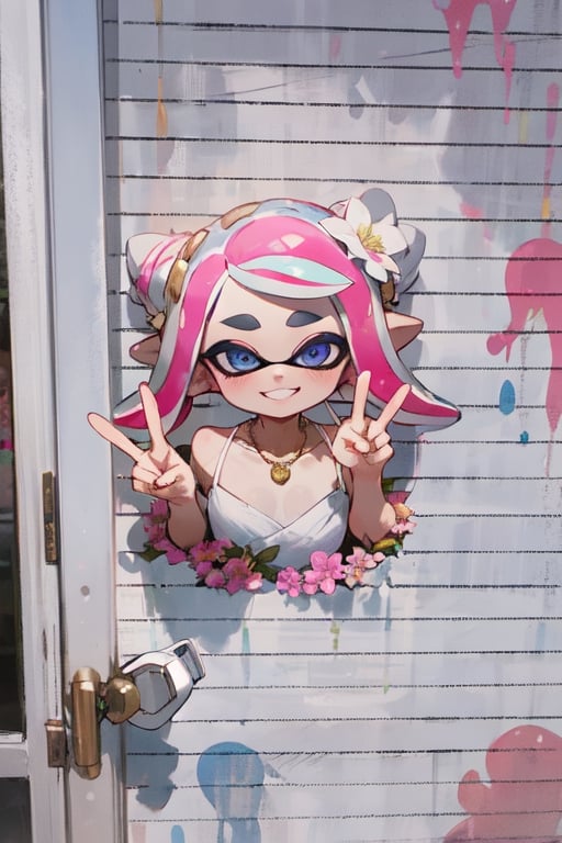 Agent 8 splatoon, white, blue eyes, white and pink hair, tentacle hair, hair in a bun, flower hair peace, white dress, fancy dress with flowers on it, gold necklace, looking at viewer, smiling, outside, at party, Agente 8 (Splatoon),girl,Agent 8 (Splatoon),Marina, fix hands