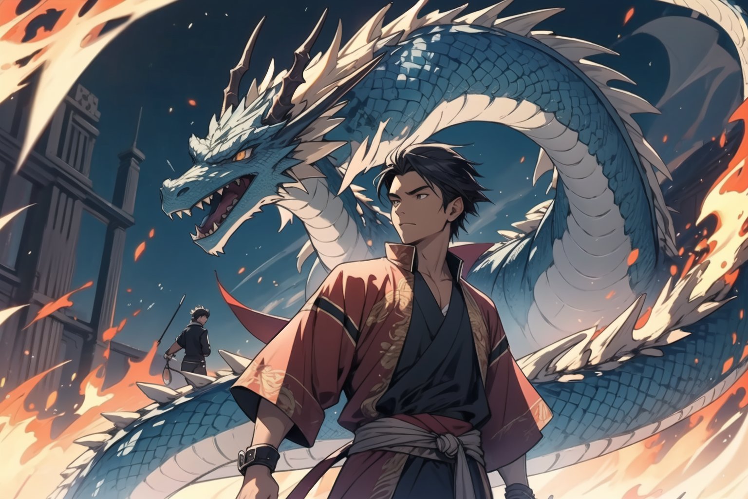 cool boy in foreground with swagy outfit he is holding blue flames in his right hand while fixing the flames with a warm look, 2 emperial dragons in the background both dragons facing each other in background 