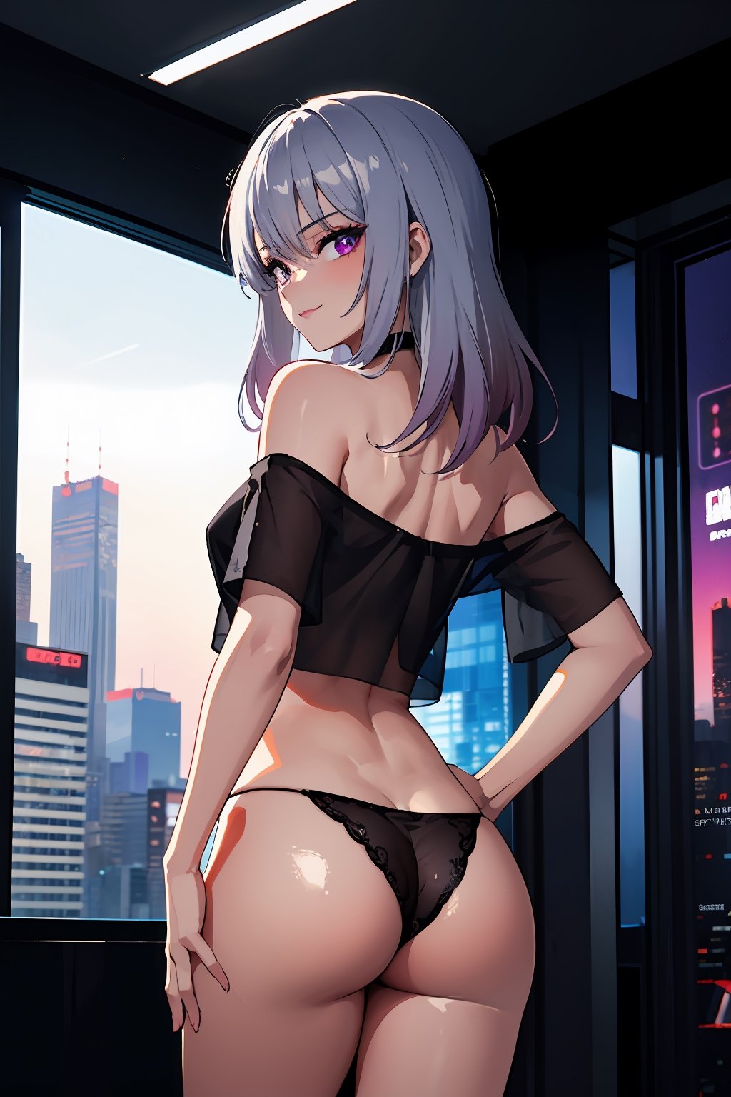 Nsfw, nude, 1girl, solo, tan skin, brown skin, standing, from below, ((from behind)), (sexy pose, dynamic pose), crop top shirt, off-shoulder, see-through shirt, thong panties, naughty smile, (Gradient silver hair, gradient purple hair), purple eyes, expressive eyes, red eyeshadow, red eyeliner, 
cyberpunk setting, cyberpunk bedroom, holographic posters on wall, hologram posters on wall, Large window, cyberpunk cityscape outside window, neon signs, hologram projections,Colorful