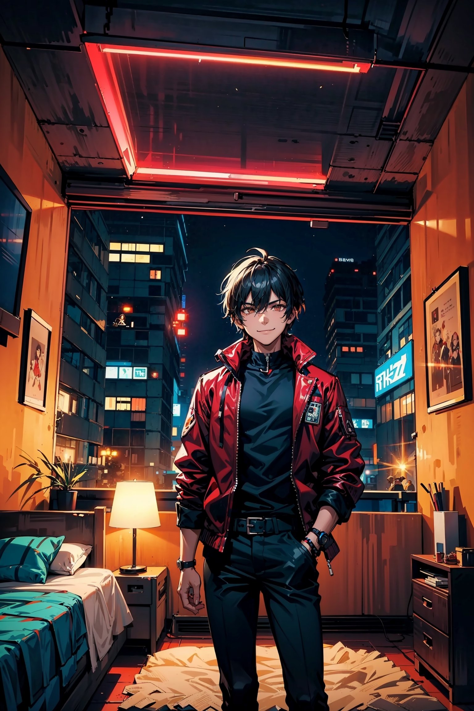 1guy, red jacket, black shirt, black pants, cowboy shot, black hair, brown eyes, smug smile, 
Cyberpunk setting, 
(inside cyberpunk bedroom), ((Nighttime)), glowing neon lights, glowing neon signs, action shot, cinematic,urushihara satoshi