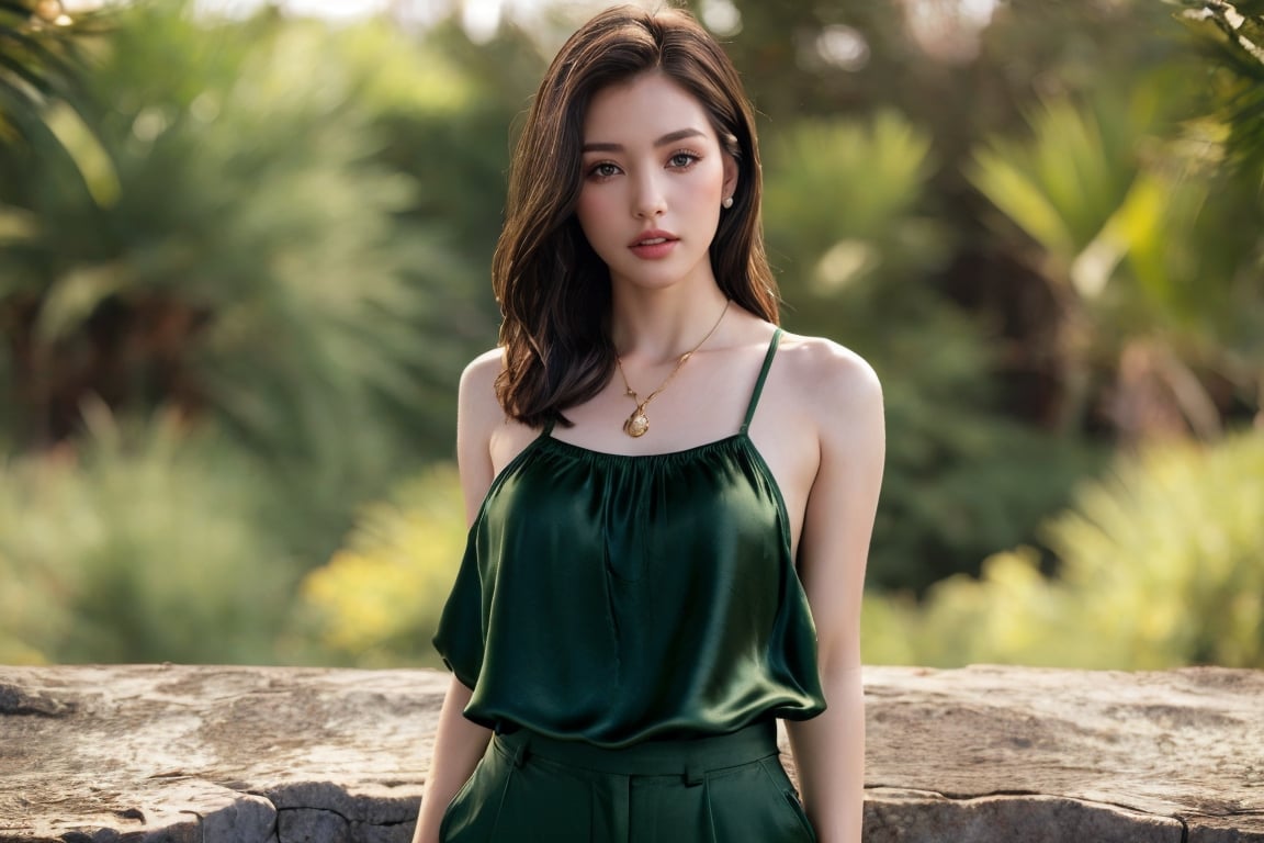 1girl , (masterpiece,best quality:1.5), ultra realistic,32k,RAW photo,(high detailed skin:1.2), 8k uhd, dslr, soft lighting, high quality, film grain, masterpiece,ultra realistic,32k,extremely detailed CG unity 8k wallpaper, best quality,(spring day ),lady ,necklace ,eardrop, The Galapagos Islands, Ecuador, ( dark green pair a silk camisole with high-waisted trousers ) , alternate hair color hair Beachy waves ,, moody lighting, Sean Phillips,Young beauty spirit ,perfect split lighting,FFIXBG,Best face ever in the world