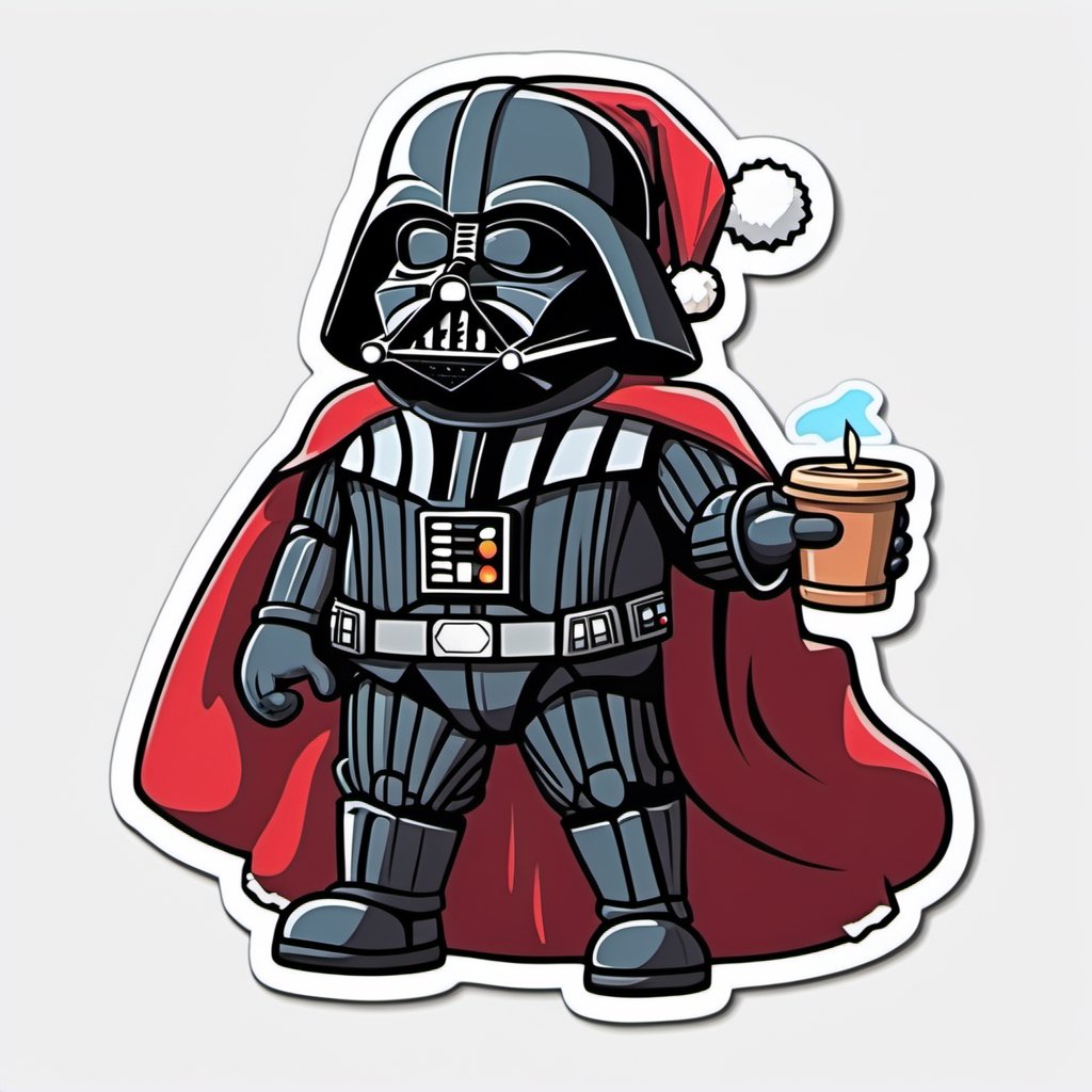  sticker, darth vader, santa claus outfit, cartoon, outlines, illustration, full body, white background.