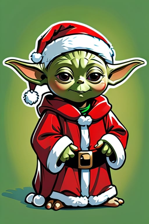 a heartwarming illustration of Yoda from Star Wars wearing a Santa Claus outfit in a cartoon style. Capture the adorable essence of Yoda with big, expressive eyes, a charming smile, and a playful holiday pose. Use a festive color palette, incorporating traditional Christmas colors and soft hues. Infuse the illustration with a touch of Star Wars magic by maintaining Yoda's unique features. Create a single character drawing that showcases Yoda as a festive and lovable holiday icon