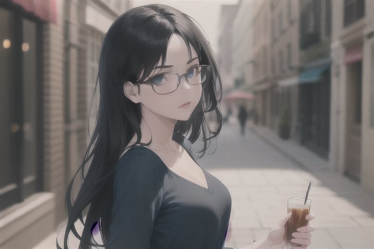 1girl, long black hair, blue eyes,beautiful face,,glasses. wearing plain light blue dress, on a date, dancing, absurdres, high res, ultrasharp, 8K, masterpiece, looking at viewer