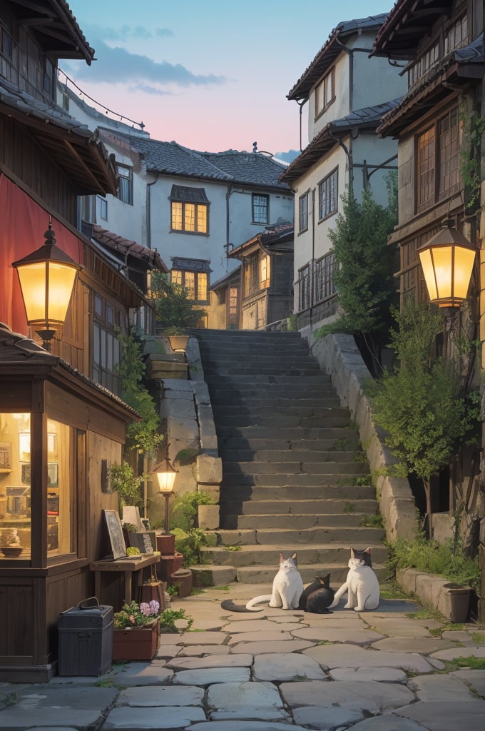 a picturesque village or ancient city . The first light of day illuminates the stone facades and worn tiles of the houses and buildings, some of which date back centuries. At the center of the scene, a cobblestone square leads to an open-air market that begins to come to life, with vendors setting up their stalls selling fruits, vegetables, flowers and local crafts. The narrow, winding streets are lined with old lanterns, now unlit, while lazy cats lounge on the stone steps. In one corner, an ancient fountain, adorned with weathered carvings, murmurs softly, adding to the tranquil atmosphere. In the background, the towers of an ancient cathedral rise, capturing the first rays of sunlight that paint the sky in soft pinks and oranges. This image should convey a sense of tranquility, beauty and a deep connection to the past, celebrating the rich history and timeless charm of the ancient village or town,TreeAIv2,Studio Ghibli,LOFI,huge cats,cute cats,