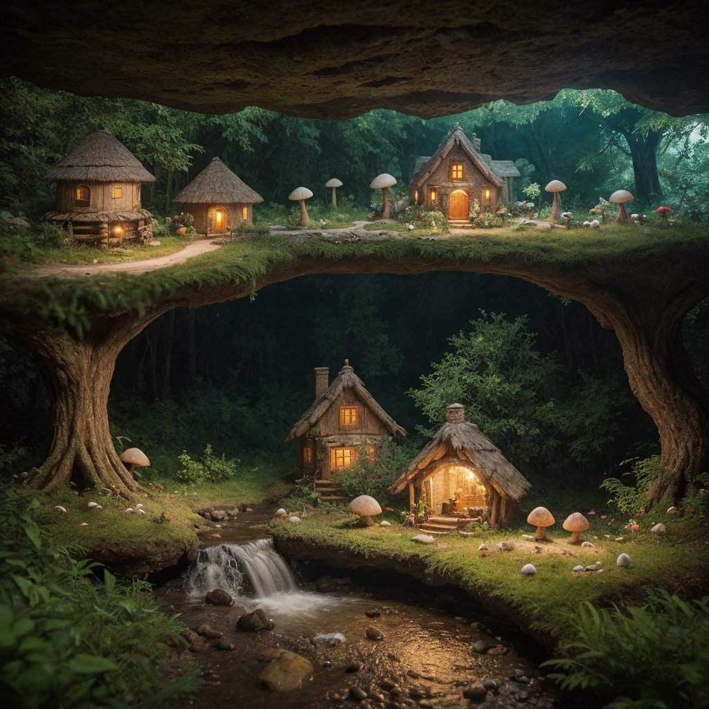 colorful Masterpiece,lights, photorealistic, night inside green forest cave, rich colors, saturated colors, amazing plants, gigantic mushroom, gnome house inside mushroom, enter in the mushroom, green colors, small river, gigantic mushrooms world, nature photography,High detailed ,photorealistic, perfect, more detail, Nature,((Warmth)),many houses, 