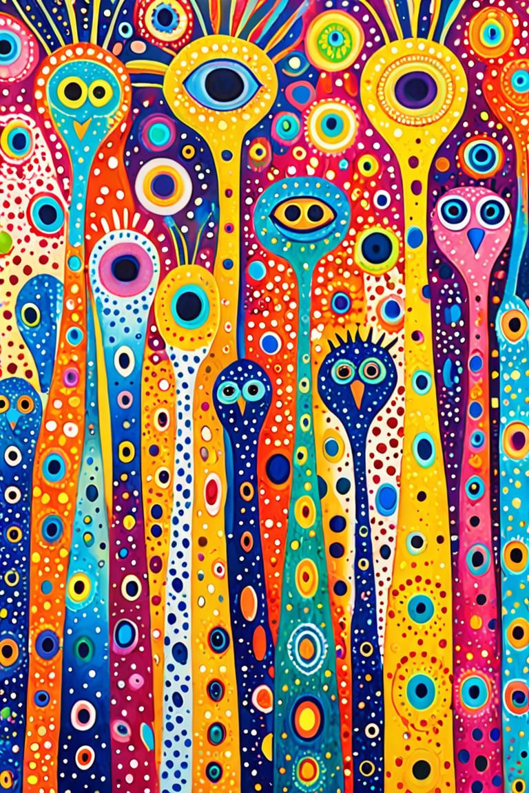 An array of elongated, abstract creatures with vibrant colors and unique patterns. These creatures have eyes of varying sizes and colors, and their bodies are adorned with dots, stripes, and other intricate designs. They seem to be standing close together, creating a sense of unity or community. The background is a mix of light colors with speckles, adding to the whimsical and dreamy atmosphere of the artwork.