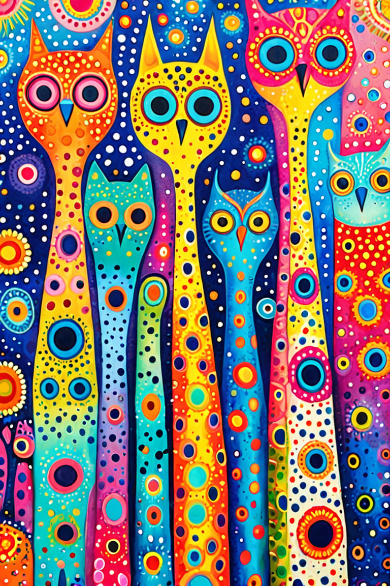 An array of elongated, abstract creatures with vibrant colors and unique patterns. These creatures have eyes of varying sizes and colors, and their bodies are adorned with dots, stripes, and other intricate designs. They seem to be standing close together, creating a sense of unity or community. The background is a mix of light colors with speckles, adding to the whimsical and dreamy atmosphere of the artwork.