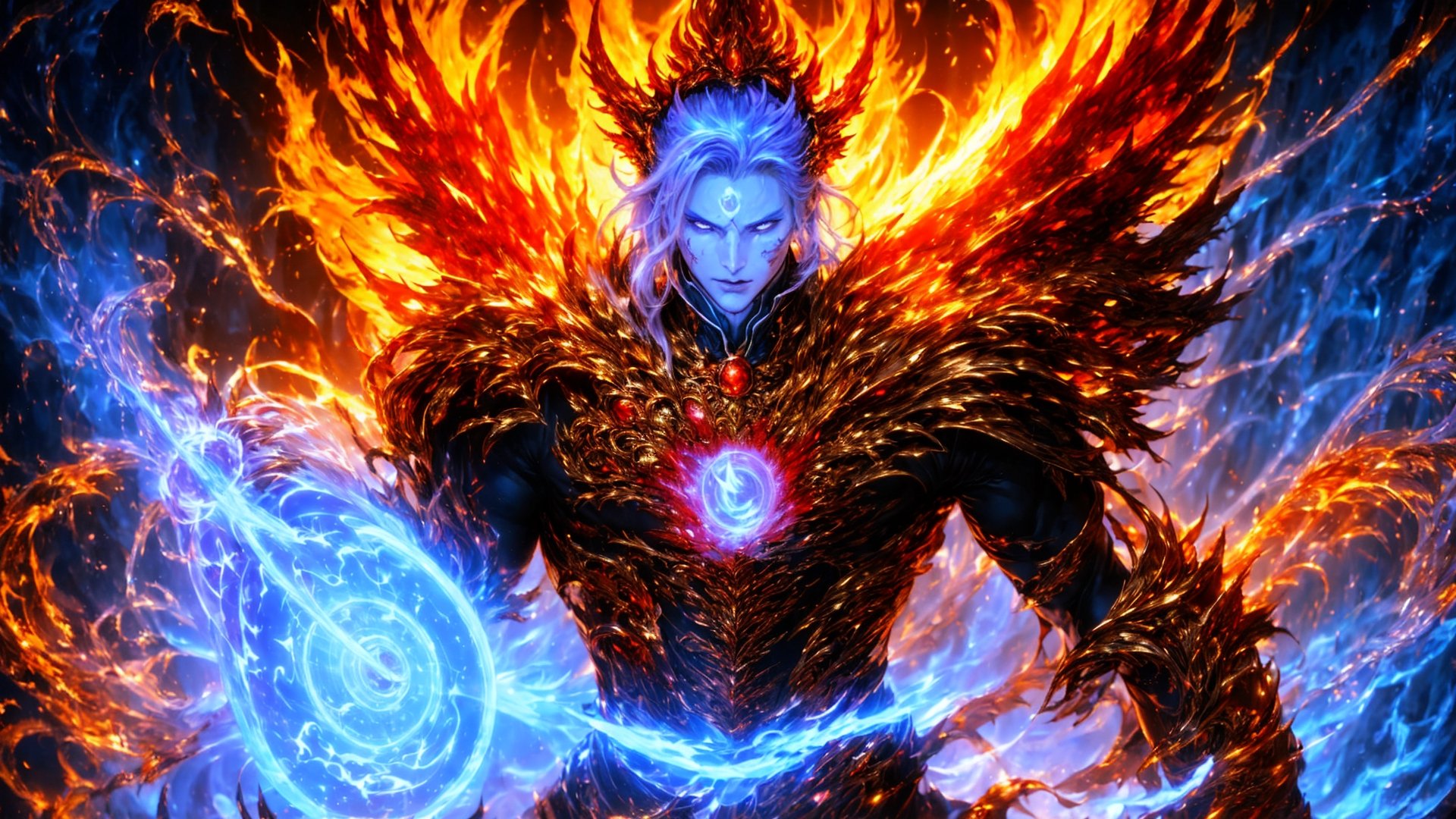 Messimo of Ellen Ring, Generate an image of mysterious wuxia demigod semi devil, sharp eyes, fire around his body, emitting countless strands of Violet Qi throughout wizard's body. A brutally powerful aura appeared within his physical body and grew more powerful, his Spiritual Sense expanded, and most obviously, the Blood Clone and the Blood Death World he was within slowly began to grow stronger, dynamic pose, masterpiece, fantasy, intricate details, very high quality, 4k, high_resolution, sharp focus, vivid color, magic, qi, cakra,  cinematic front lighting, front light,  Ethereal background,Kamehameha,